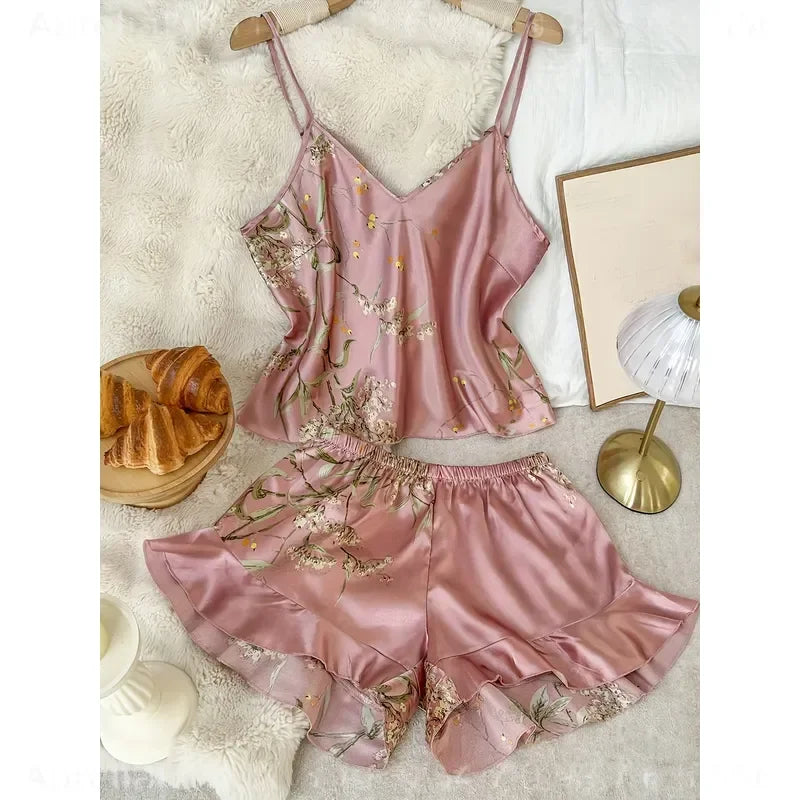 Women's Cherry-Inspired Print Cami Pajama Set with Ruffle Trim, V-Neck Spaghetti-Strap Top and Matching Shorts, Cute Loungewear