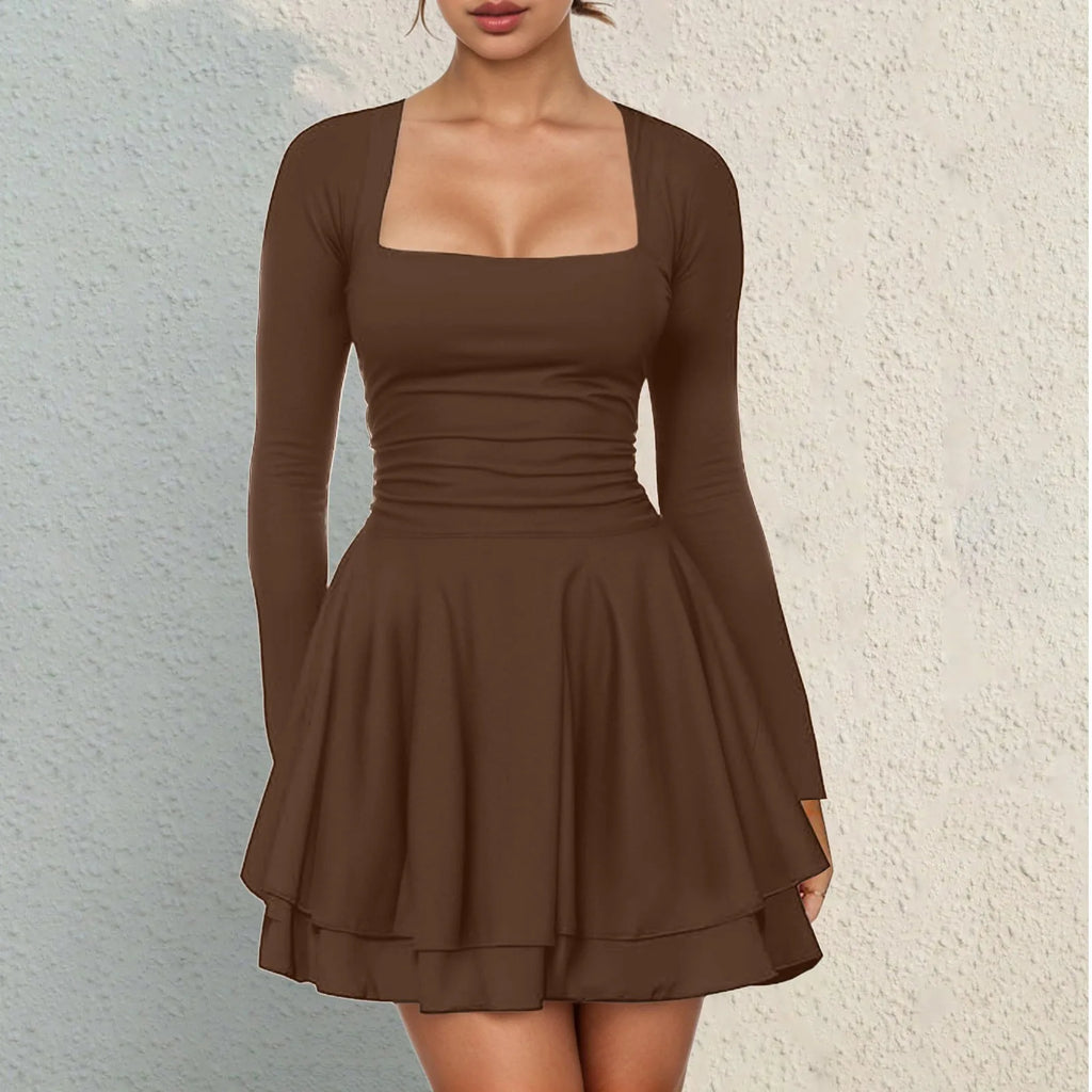 Square Neck Long Sleeve Mini Dress with Structured Waist and Ruffle Hem