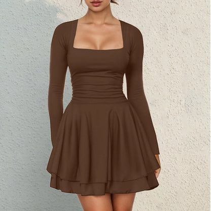 Square Neck Long Sleeve Mini Dress with Structured Waist and Ruffle Hem