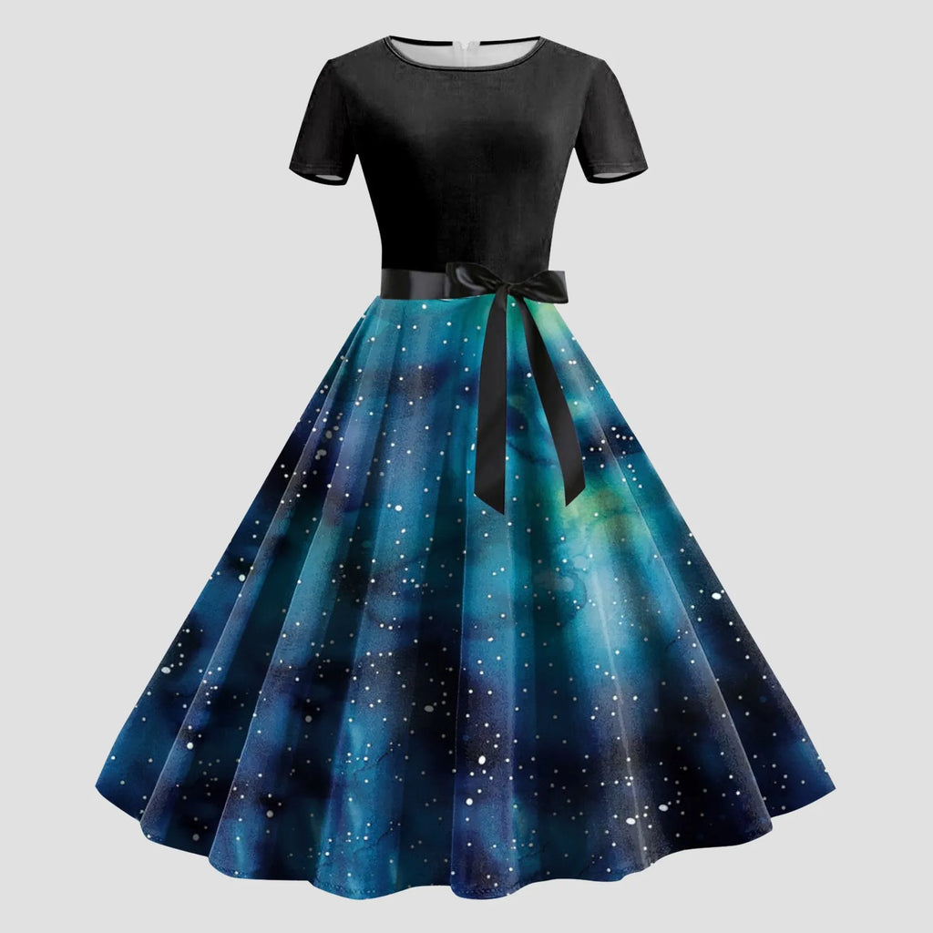 Cosmic Galaxy Print A-Line Swing Dress with Black Bodice and Waist Tie