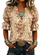 Vintage-Inspired Floral Boho Blouse with Tiered Ruffle Half-Sleeves