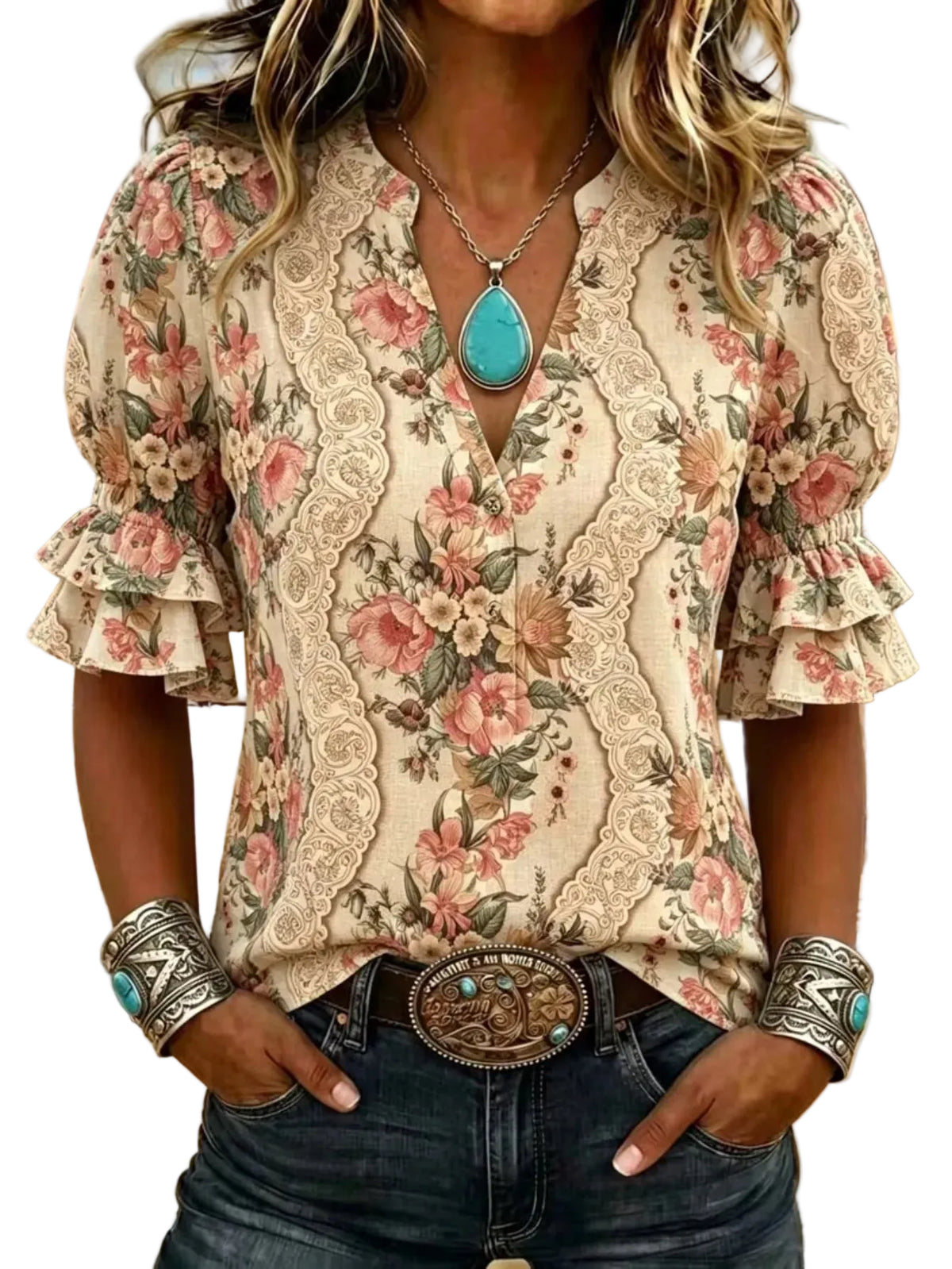 Vintage-Inspired Floral Boho Blouse with Tiered Ruffle Half-Sleeves