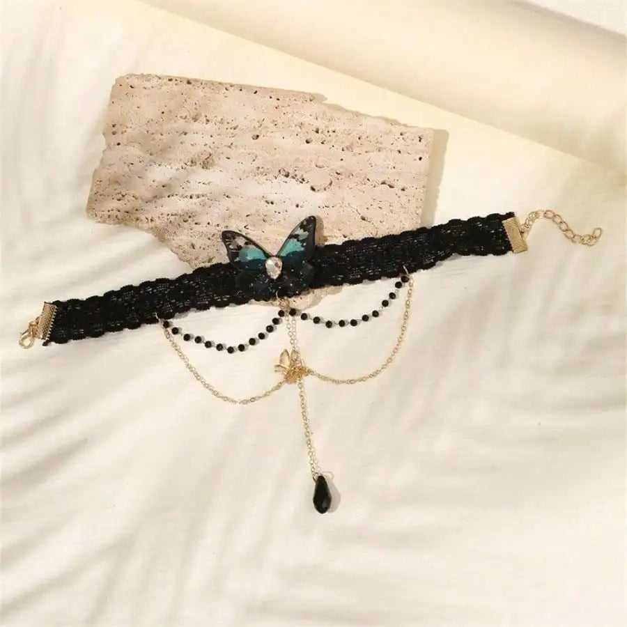 Gothic Butterfly Upper Arm Cuff with Crystal Drop Chain Accents