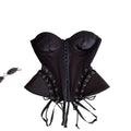 Black Strapless Mixed-Media Bustier Top with Front Hook Closure and Lace-Up Accents