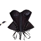 Black Strapless Mixed-Media Bustier Top with Front Hook Closure and Lace-Up Accents