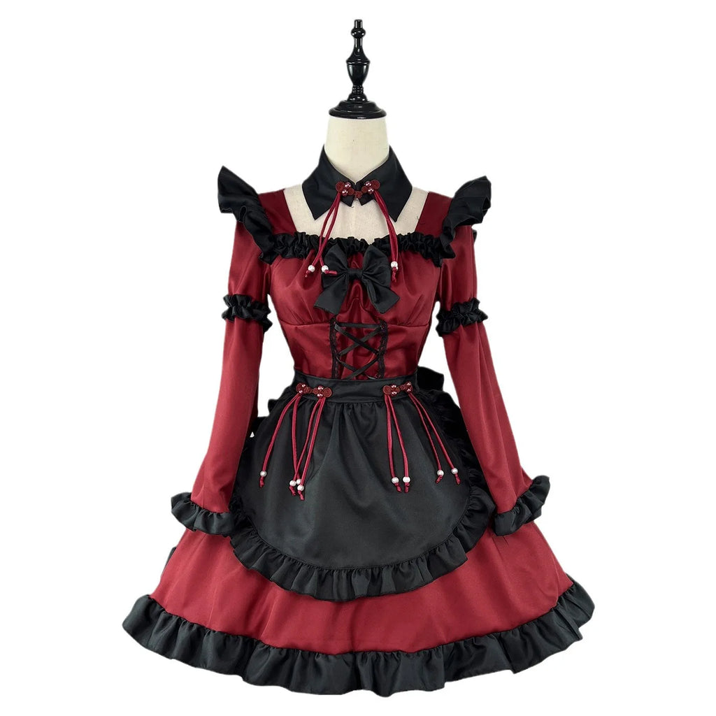 Women's Vintage Inspired Layered Maid Dress with Apron and Ruffle Trim Costume Set