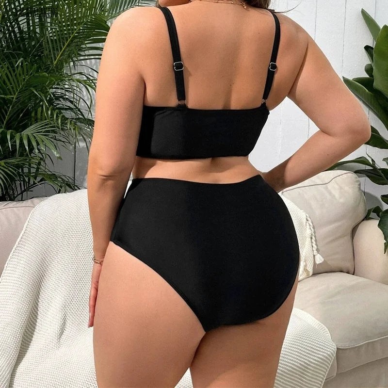 Plus-Size Solid Black High-Waisted Bikini with V-Notch Hardware