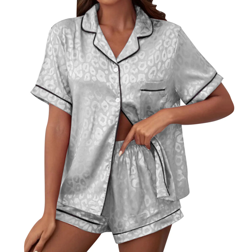 Sophisticated Subtle Leopard Print Button-Down Pajama Set with Contrast Piping
