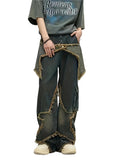 Men's Relaxed Wide Leg Denim Jeans with Decorative Stitching and Utility Pocket Design