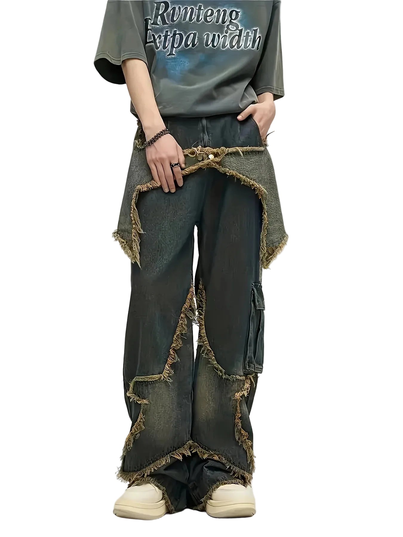 Men's Relaxed Wide Leg Denim Jeans with Decorative Stitching and Utility Pocket Design