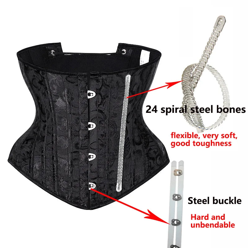 Elegant Black Floral Damask Underbust Waist Cincher with Front Metal Busk