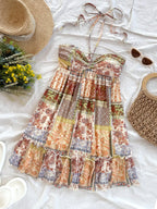 Patchwork Print Halter Mini Dress with Ruffle Trim Bohemian Silhouette
