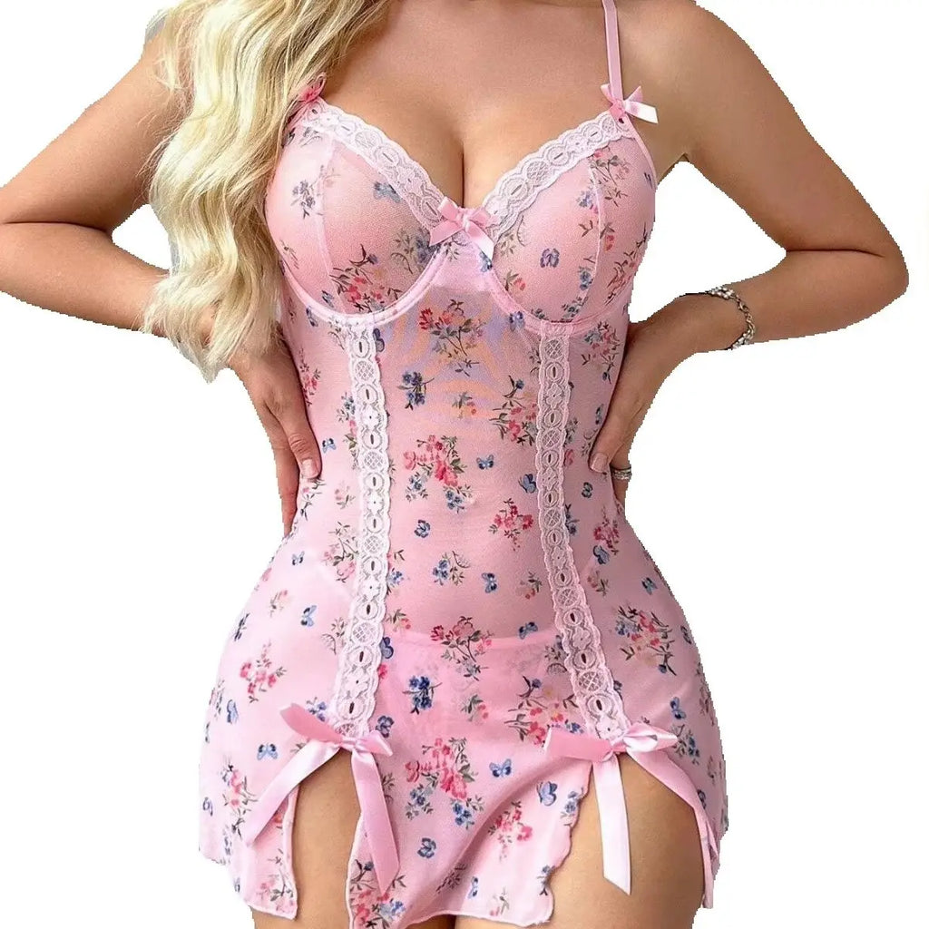Sheer Floral Lace Chemise with Ribbon Bows and Attached Garter Straps