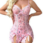 Sheer Floral Lace Chemise with Ribbon Bows and Attached Garter Straps