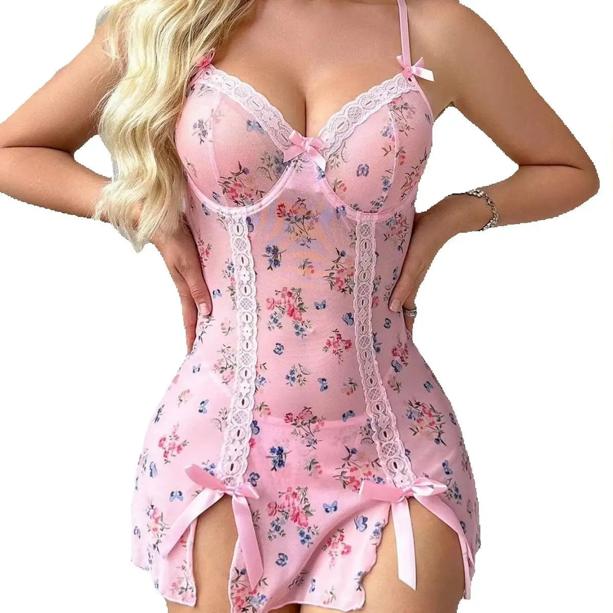 Sheer Floral Lace Chemise with Ribbon Bows and Attached Garter Straps