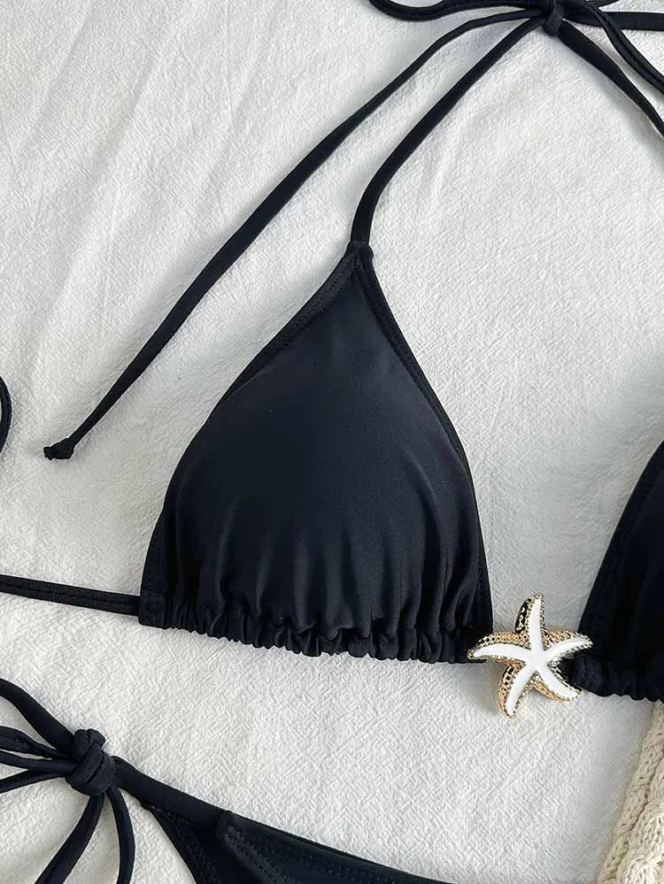 Solid Black Three-Piece String Bikini Set with Mesh Shorts Cover-Up