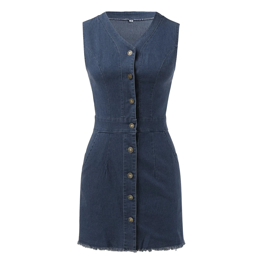 Sleeveless Denim Inspired Button Front Mini Dress with Utility Pocket Details