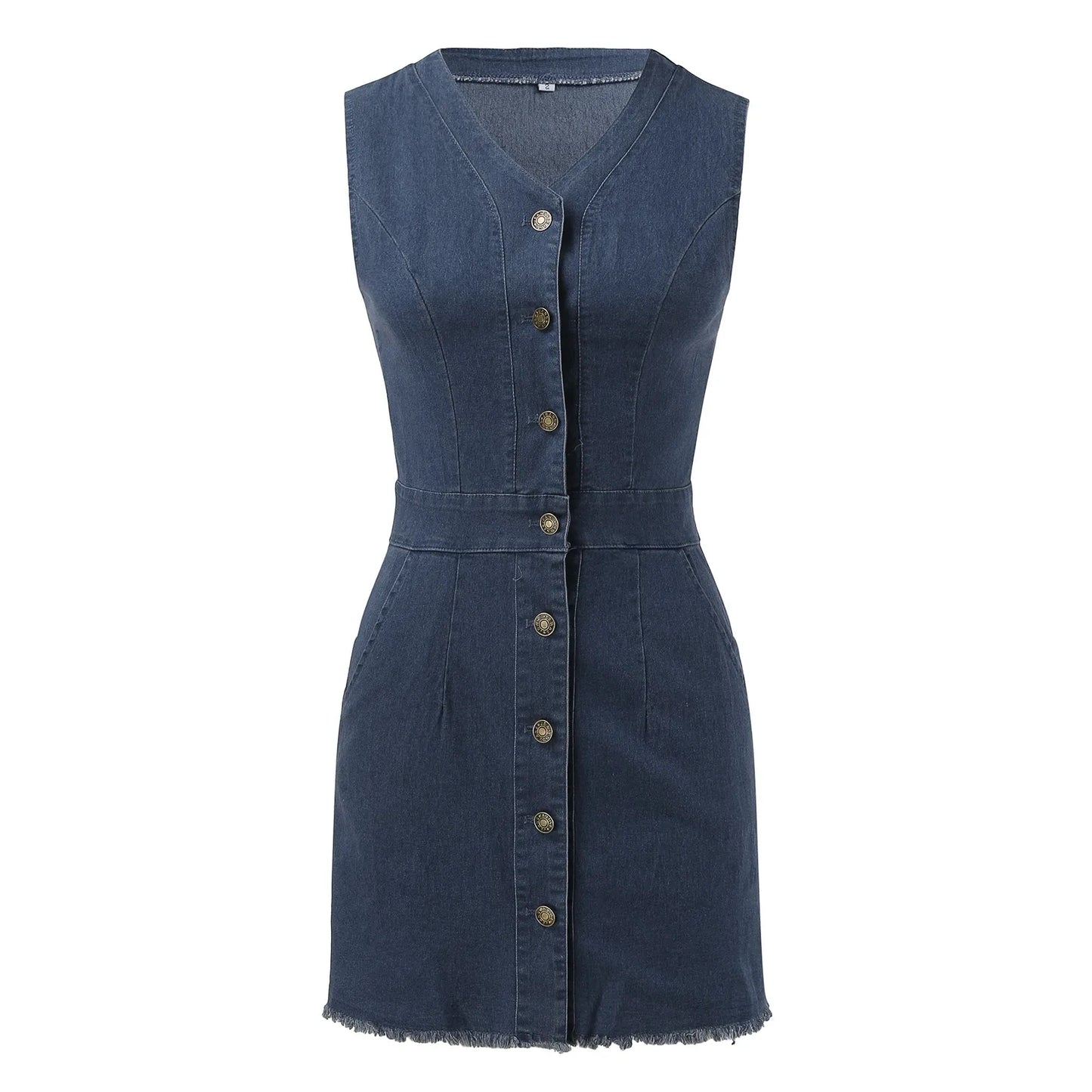 Sleeveless Denim Inspired Button Front Mini Dress with Utility Pocket Details
