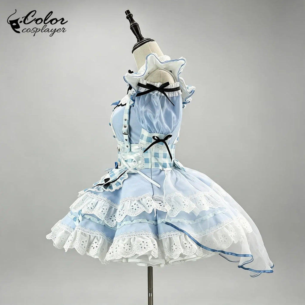 Light Blue Gingham Lolita Maid Dress with Intricate Lace and Bow Accents