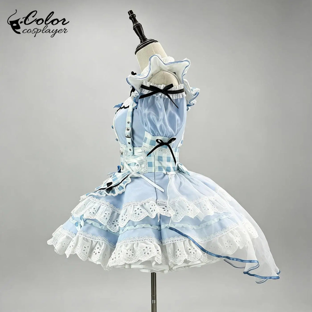 Light Blue Gingham Lolita Maid Dress with Intricate Lace and Bow Accents