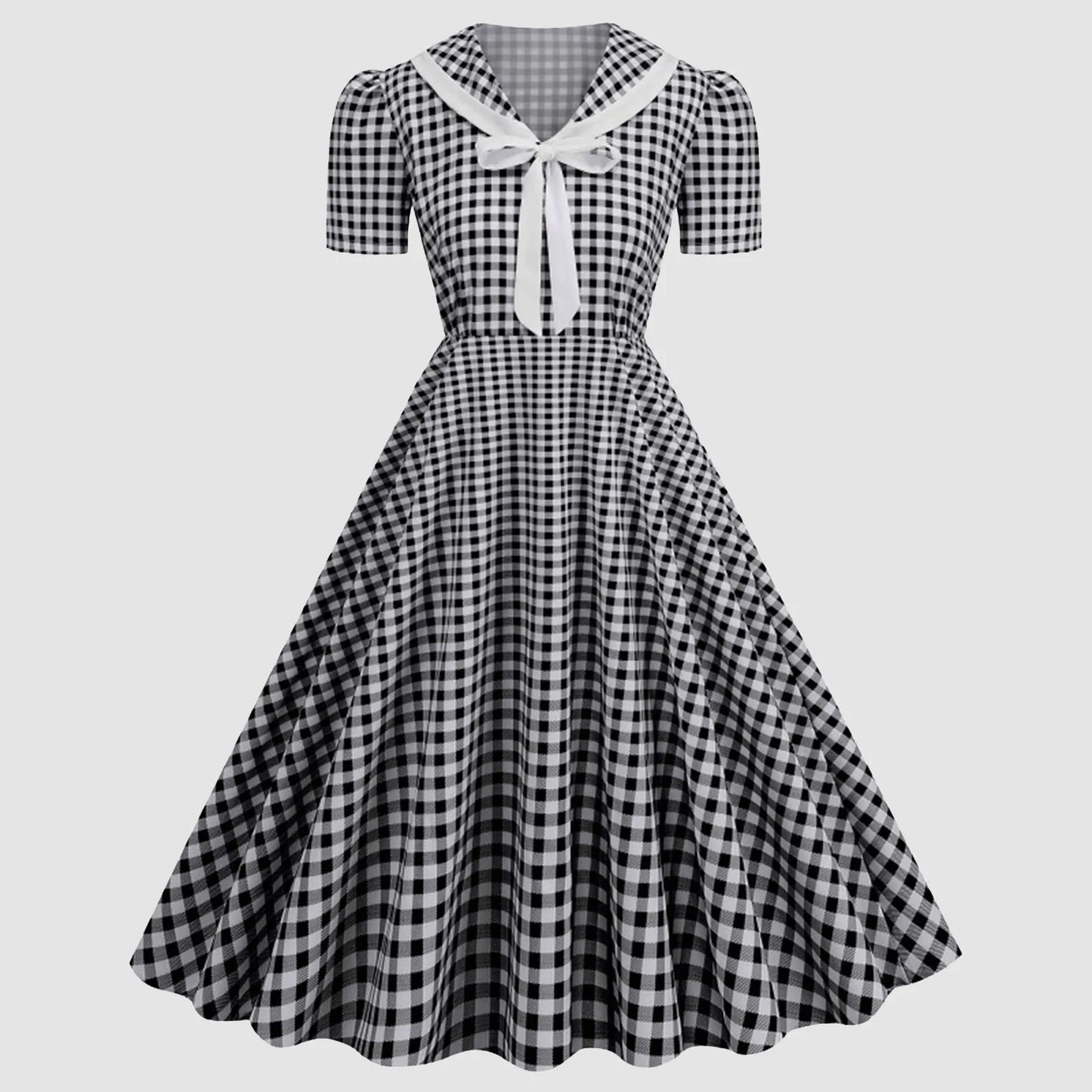 Vintage Gingham Bow Collar Retro Inspired Alternative Swing Midi Dress