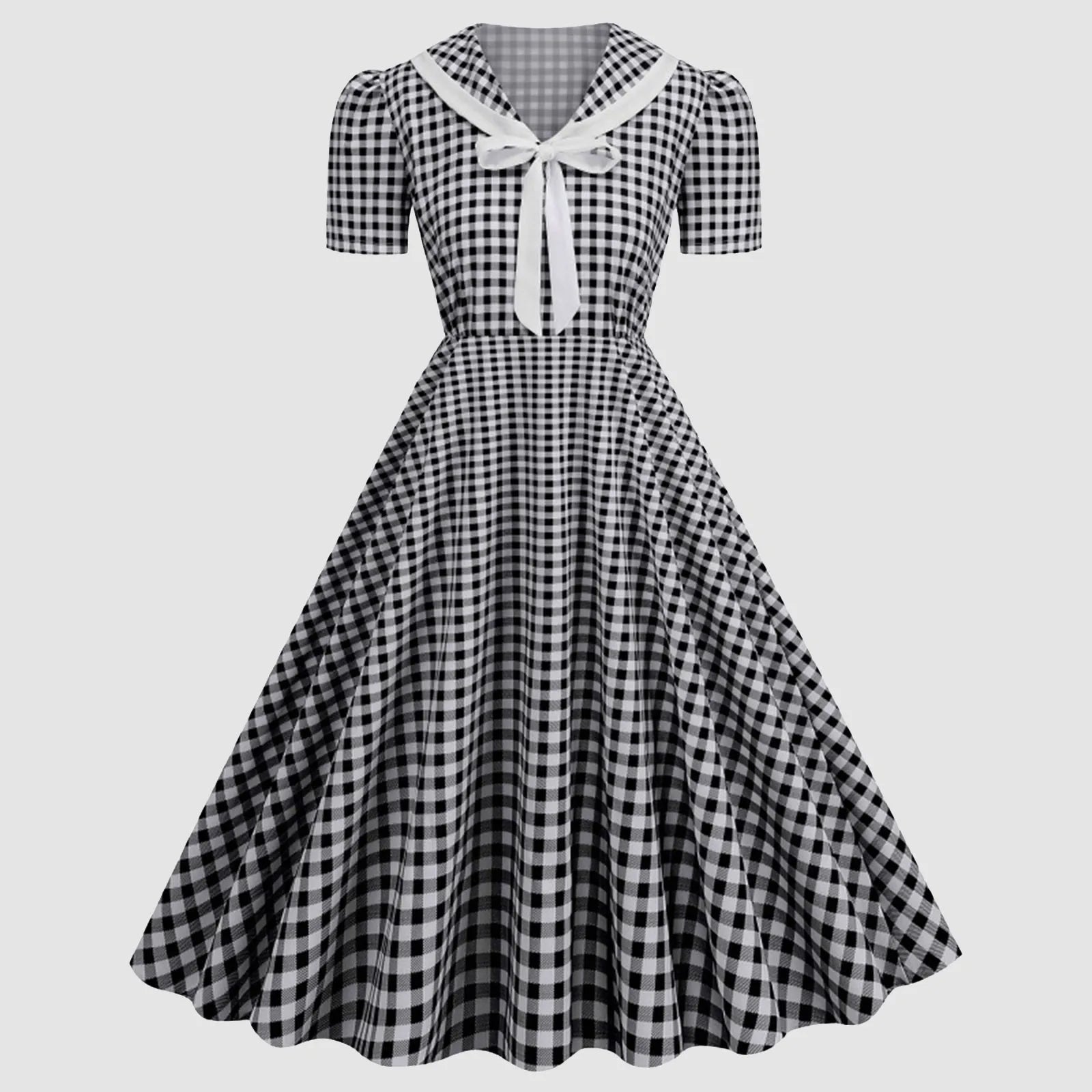 Vintage Gingham Bow Collar Retro Inspired Alternative Swing Midi Dress