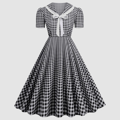 Vintage Gingham Bow Collar Retro Inspired Alternative Swing Midi Dress