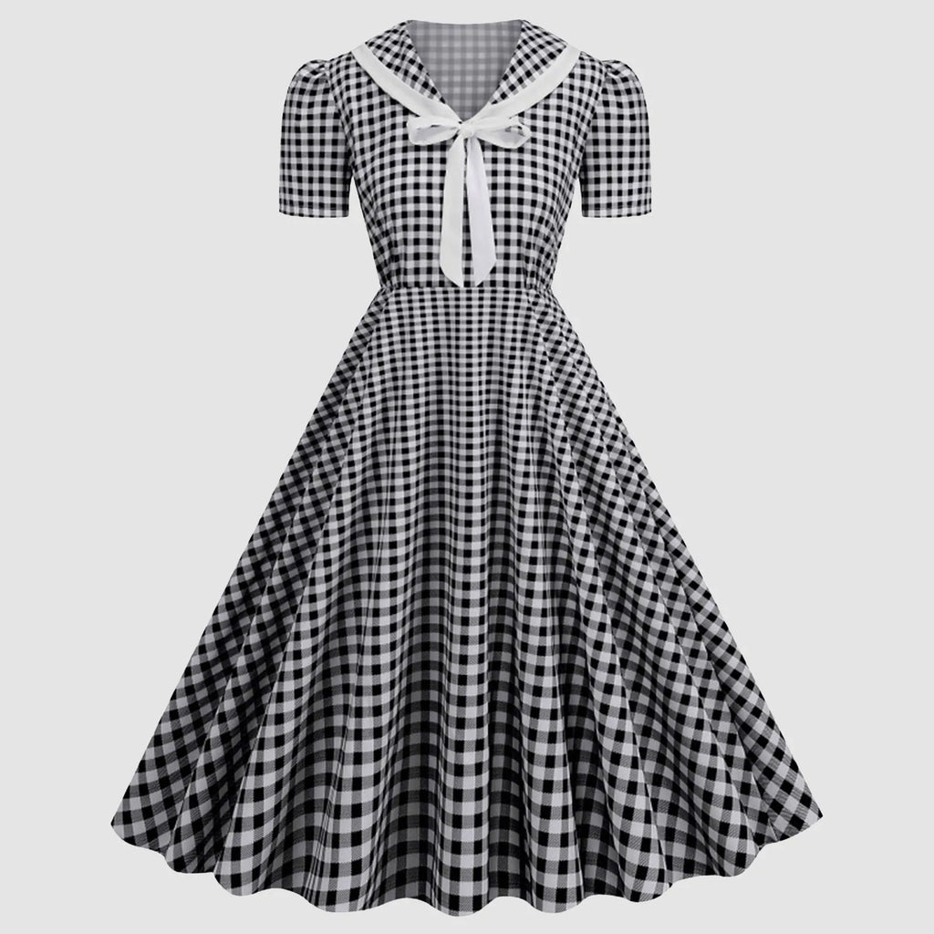 Vintage-Inspired Red Gingham Swing Dress with Contrasting Collar