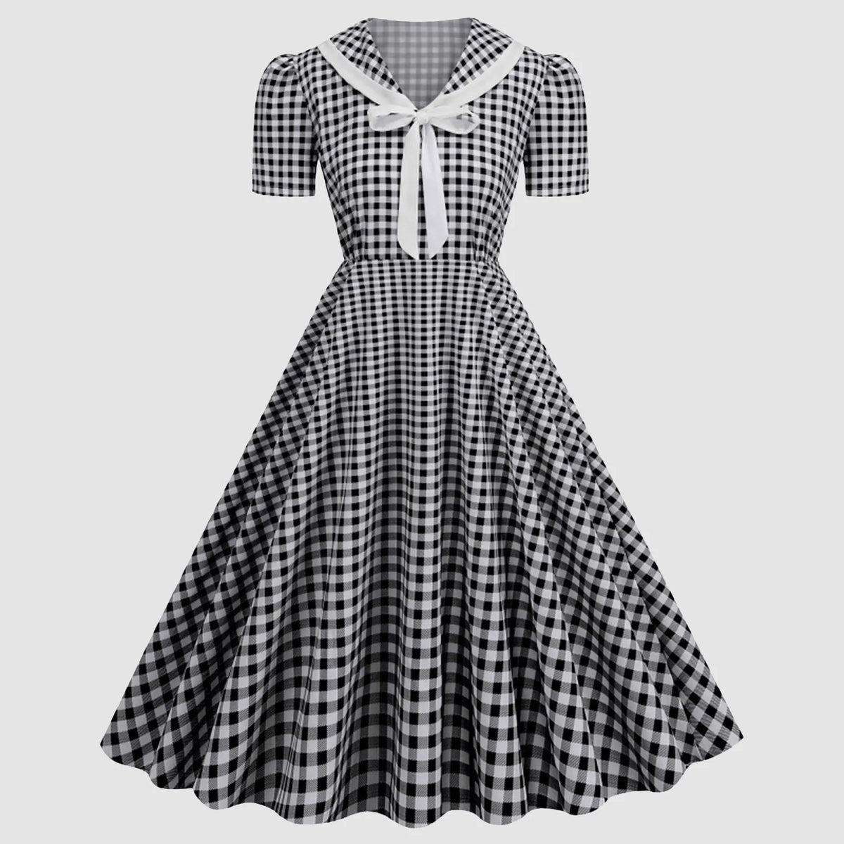 Vintage-Inspired Red Gingham Swing Dress with Contrasting Collar