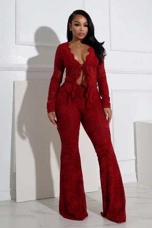 Women's Sheer Lace Shirt and Flare Pants Co-Ord Set