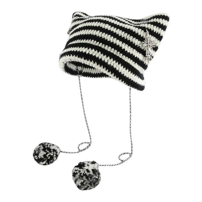 Striped Pointed Knit Beanie with Ear Accents for Playful Streetwear Winter Fashion Style