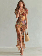 Vintage-Inspired Floral Ruched Midi Dress with Puff Sleeves and High Slit
