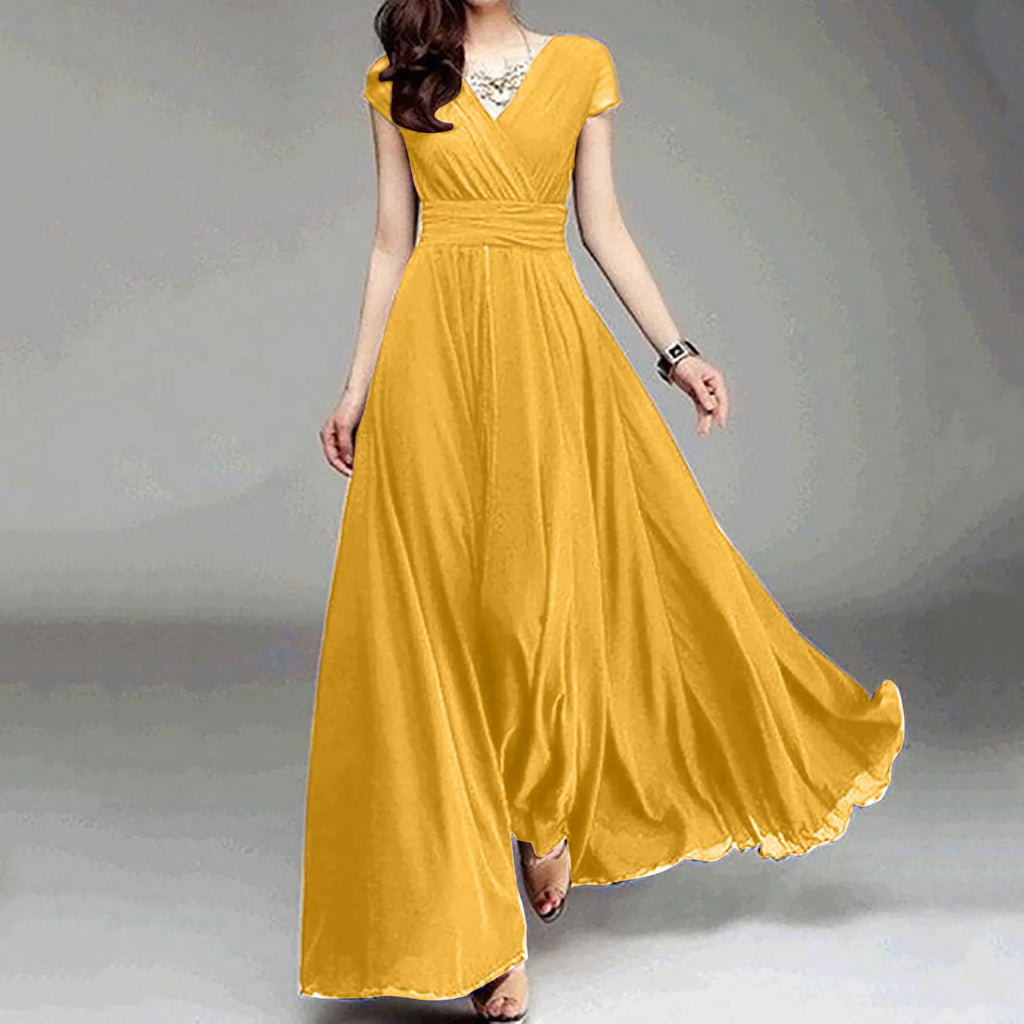 Flowing V Neck Maxi Dress With Soft Pleated Movement