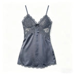 Slate Grey Satin-Finish Chemise with Intricate Sheer Lace Bodice