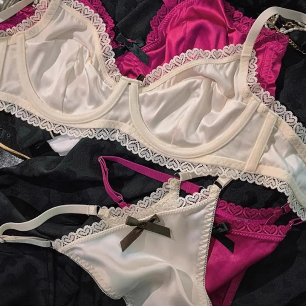 Sleek Black Satin-Finish Underwire Bra Set with Pink Ribbon Accents