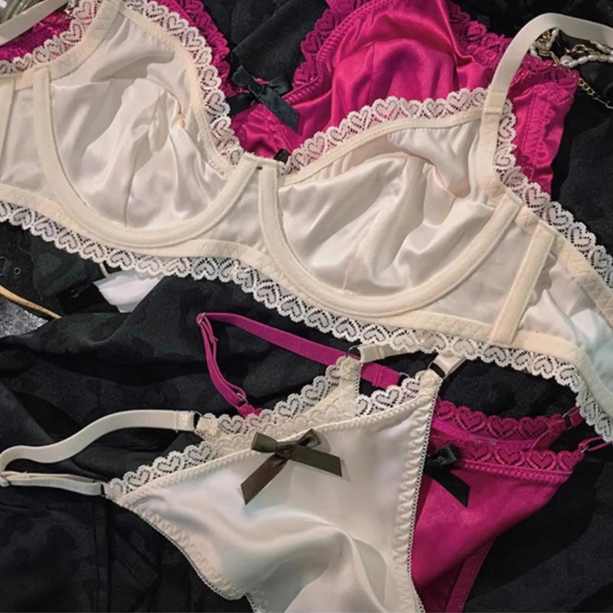 Sleek Black Satin-Finish Underwire Bra Set with Pink Ribbon Accents