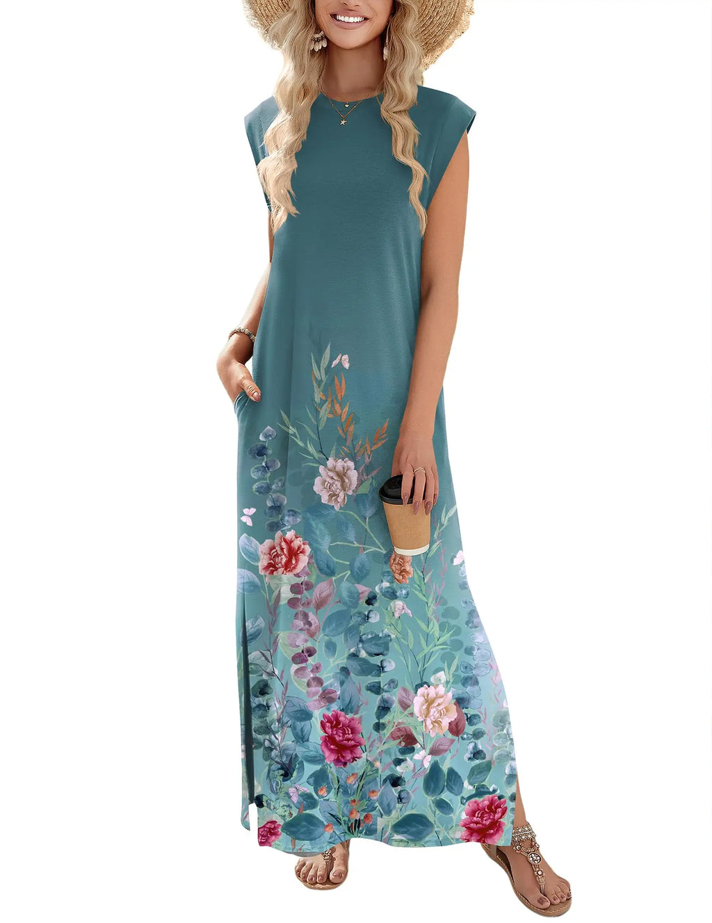 Loose Fit Sleeveless Floral Maxi Dress with Pockets for Casual Styling
