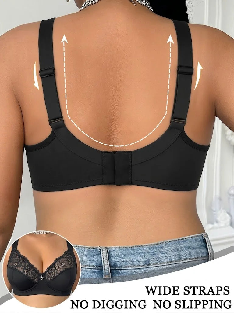 Full-Coverage Black Underwire Bra with Floral Lace Accents and U-Shaped Back