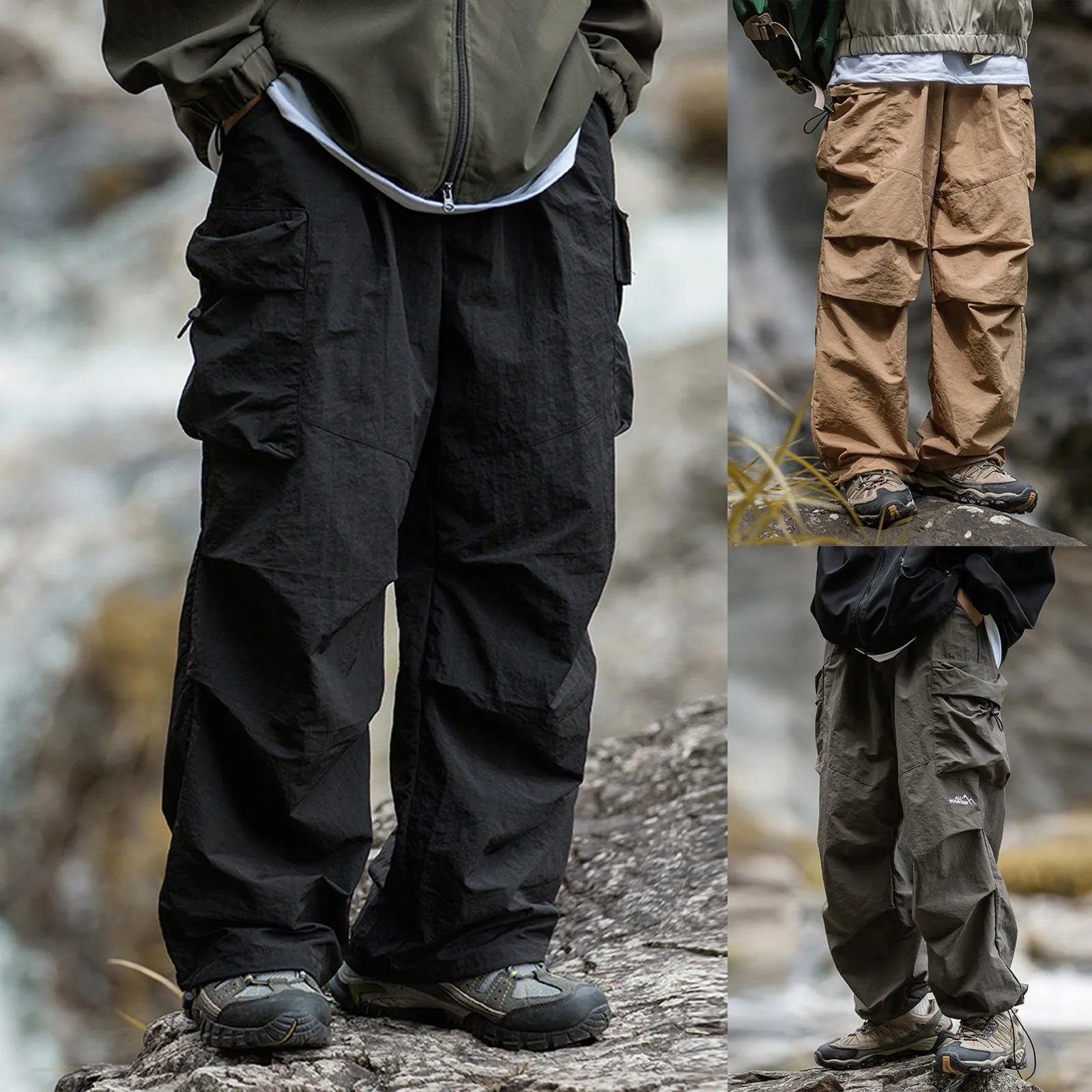 Men's Relaxed Parachute Cargo Pants with Oversized Utility Pockets and Outdoor Casual Style