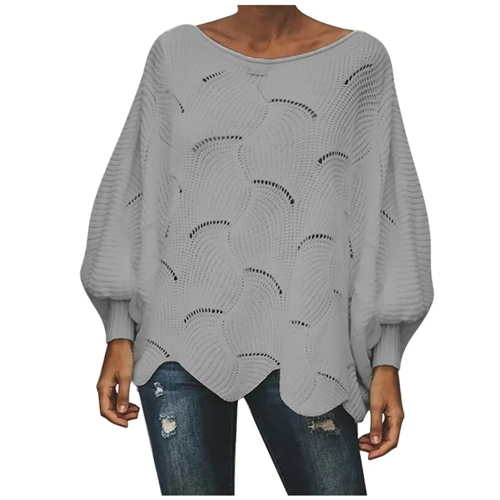 Women's Textured Knit Sweater with Cutout Pattern and Irregular Hem Design