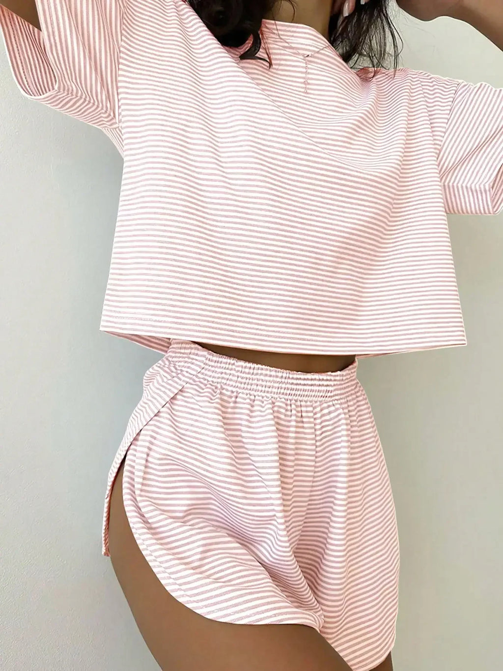 Women's Striped Knit Lounge Co-Ord Set Relaxed Top and Shorts Outfit