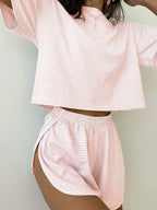 Women's Striped Knit Lounge Co-Ord Set Relaxed Top and Shorts Outfit