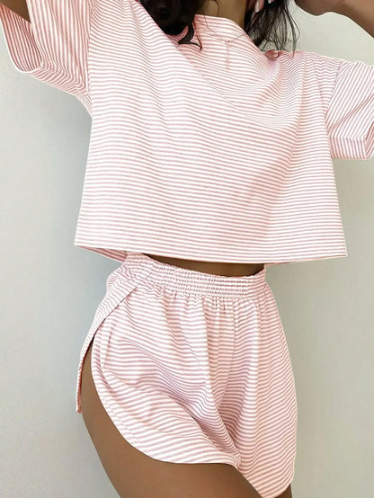 Women's Striped Knit Lounge Co-Ord Set Relaxed Top and Shorts Outfit