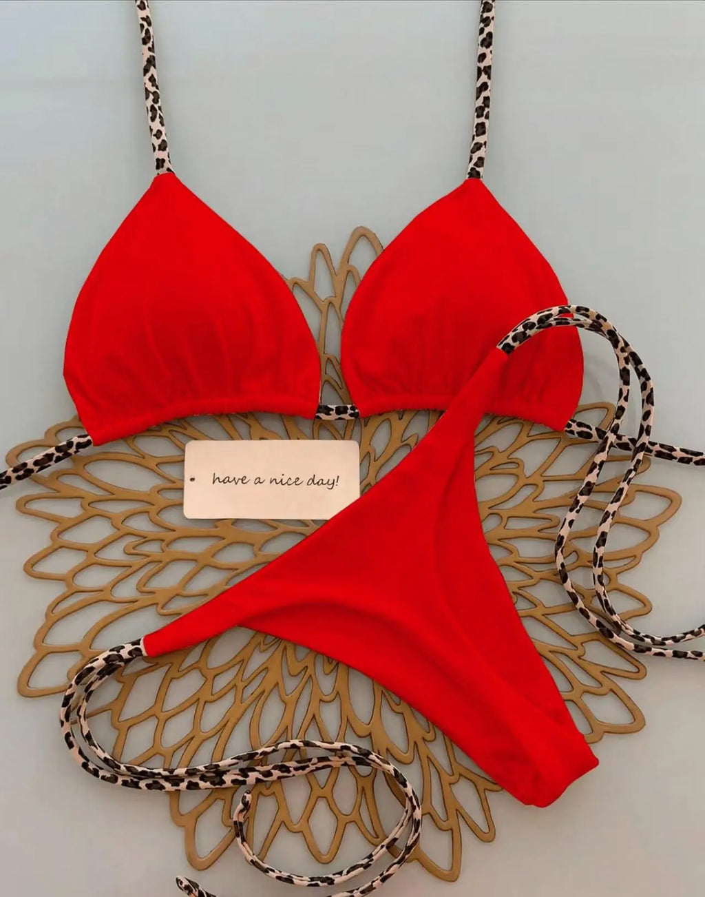 Contrast Leopard Strap Two-Piece Bikini with High-Cut Silhouette