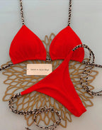 Contrast Leopard Strap Two-Piece Bikini with High-Cut Silhouette