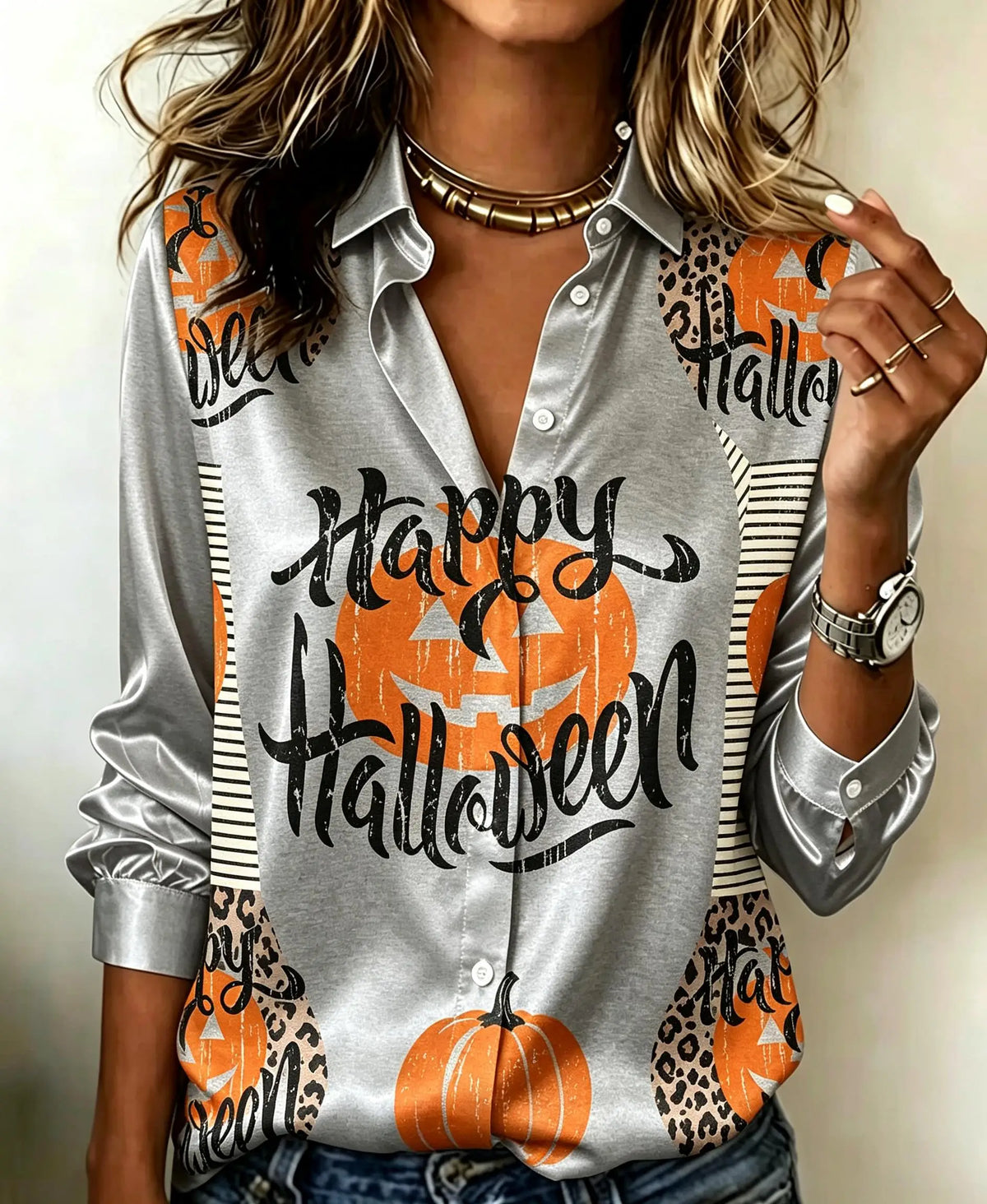 Festive Halloween Graphic Print Satin-Finish Button-Down Blouse