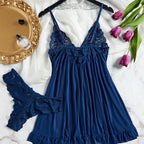 Midnight Blue Lace-Bodice Chemise Set with Playful Ruffled Hem