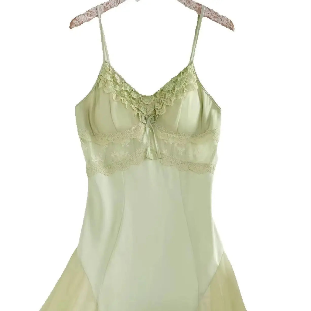 Elegant Mint Green Satin-Finish Slip Dress with Sheer Lace Trim and Flared Hem