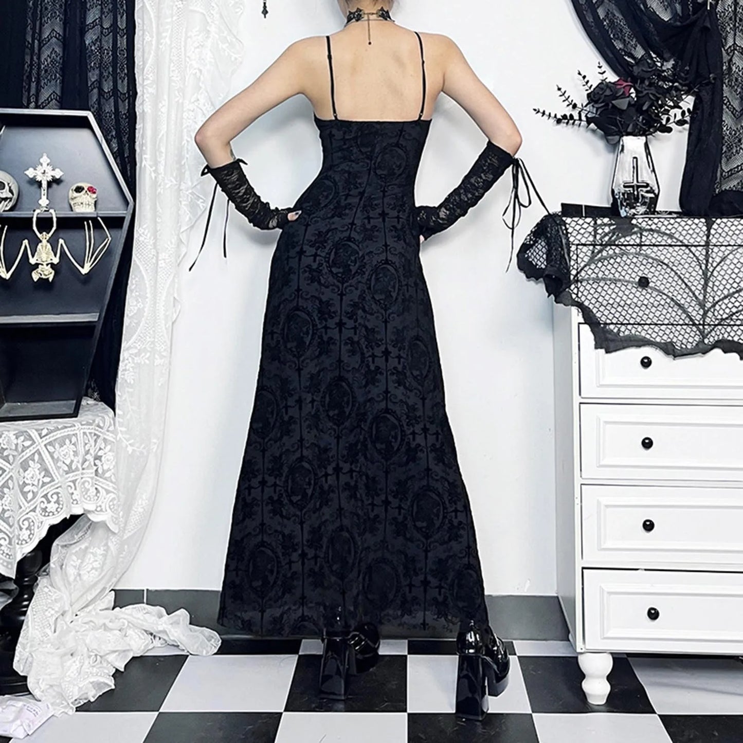 Dark Romantic Gothic Lace Maxi Dress with Delicate Strap Design