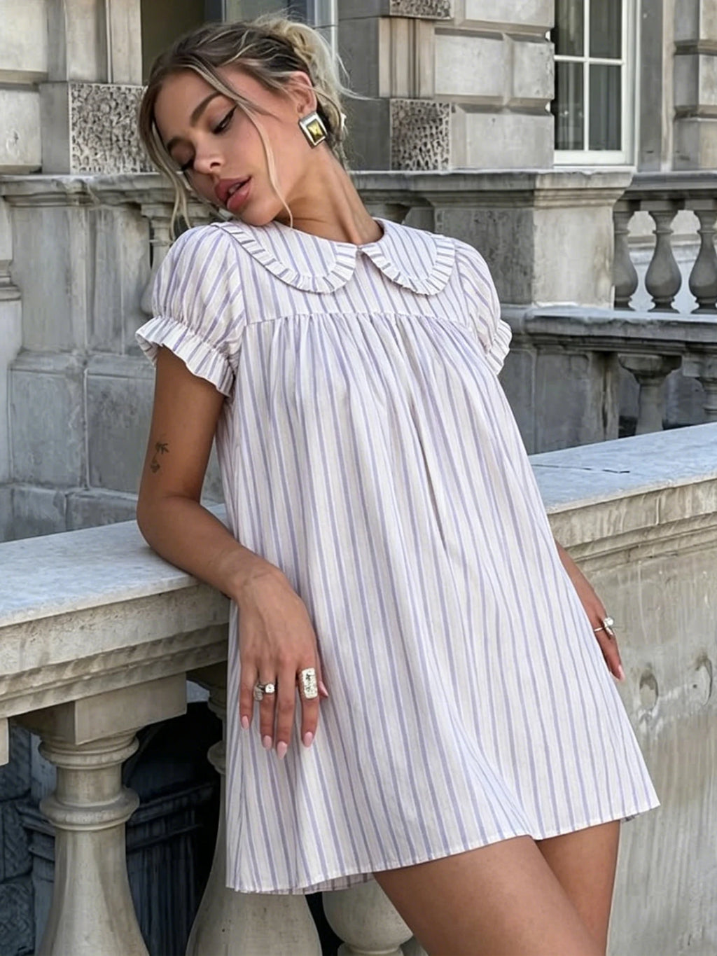 Ruffle Yoke Short Sleeve Relaxed A-Line Mini Dress with Vertical Stripe Design